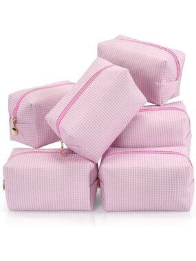6PCS Travel Makeup Bag Set, Cute Checkered Toiletry Organizer Pouches, Pink